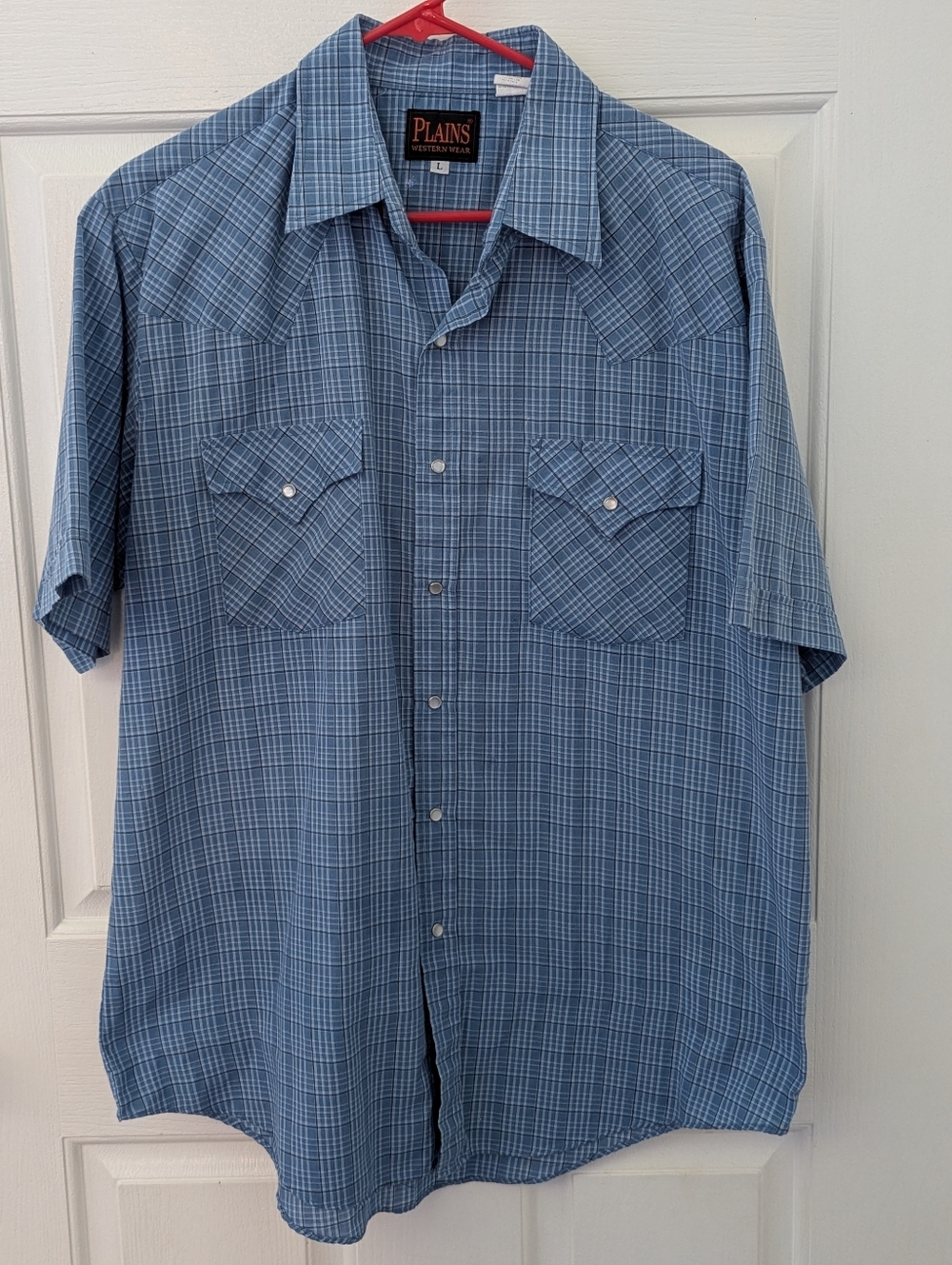 Plains Western Shirt Men Short Sleeve Plaid Pearl Snap Button Up Pocket Cowboy L